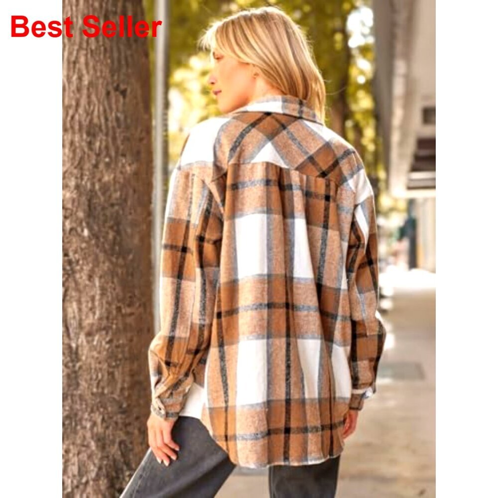 Women's Plaid Flannel Shacket Button Down Shirt Midweight Polyester - Picture 4 of 7